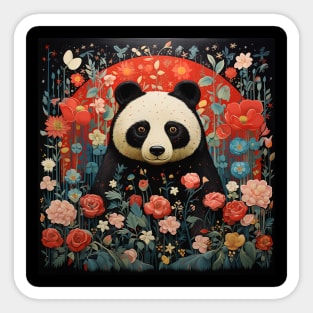 Surrealistic Folk Art Dark Floral Motif Panda Bear Design Sticker